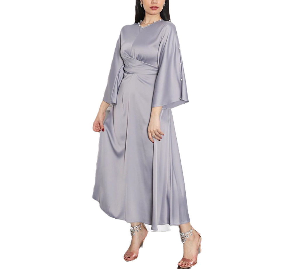 Satin High Waist Maxi Dress for Women with Beads Lotus Sleeve Design