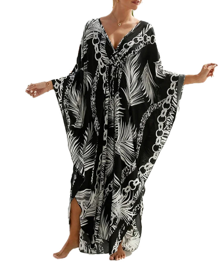 Boho V Neck Loose Fit Kaftan Maxi Beach Cover Up Dress for Women Summer