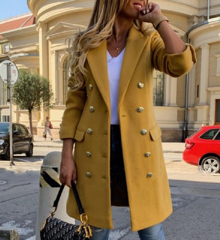 Women Wool Blend Coat Double Breasted Long Sleeve Elegant Vintage Winter Jacket