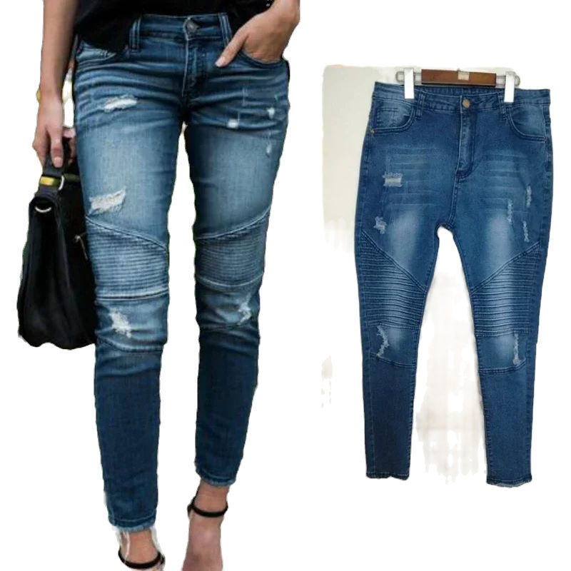 Womens Moto Biker Ripped Denim Jeans with Push Up Fit and Casual Wear