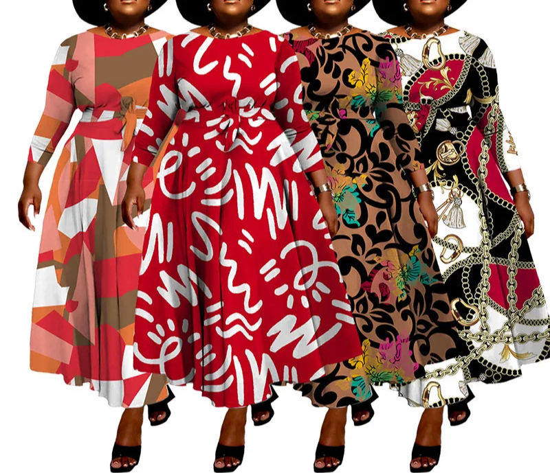 O Neck Long Sleeve Solid Color Maxi Dress for Women Plus Size Casual Fit