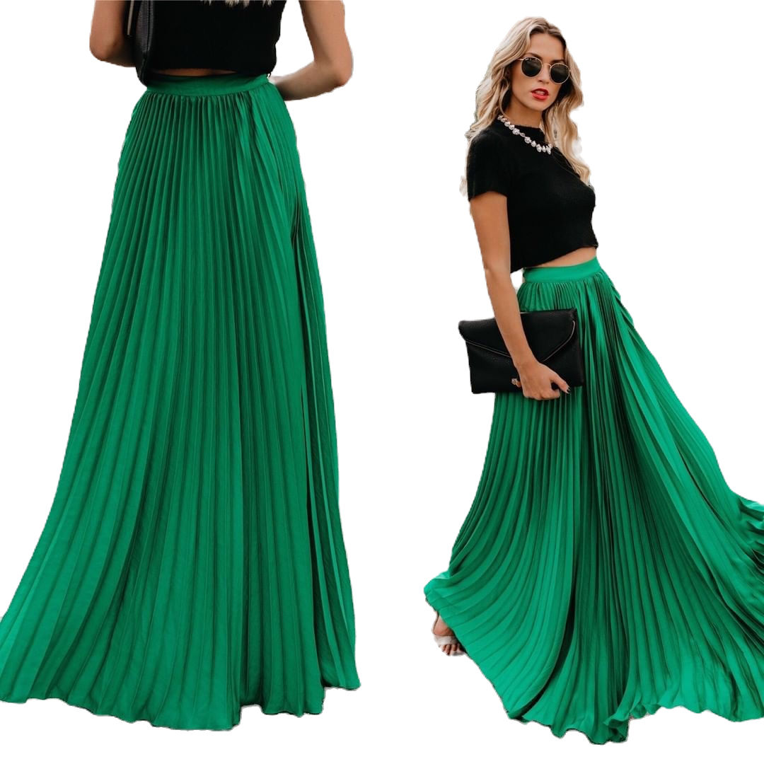 Womens High Waist Maxi Skirt with Pleated Design Elastic Waist and Solid Color