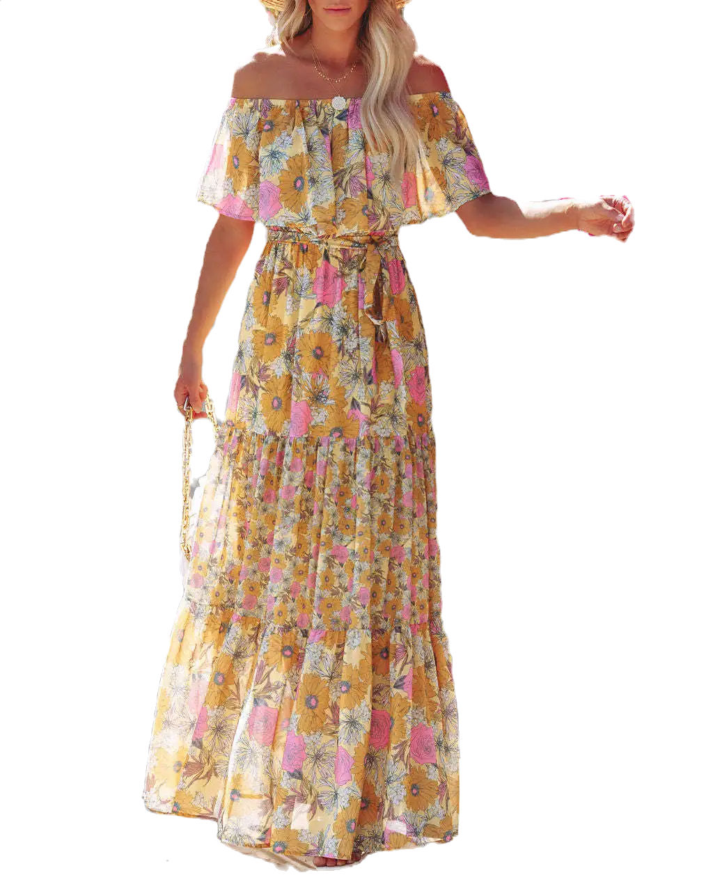 Womens Boho A Line Floral Print Slash Neck Maxi Summer Holiday Casual Dress