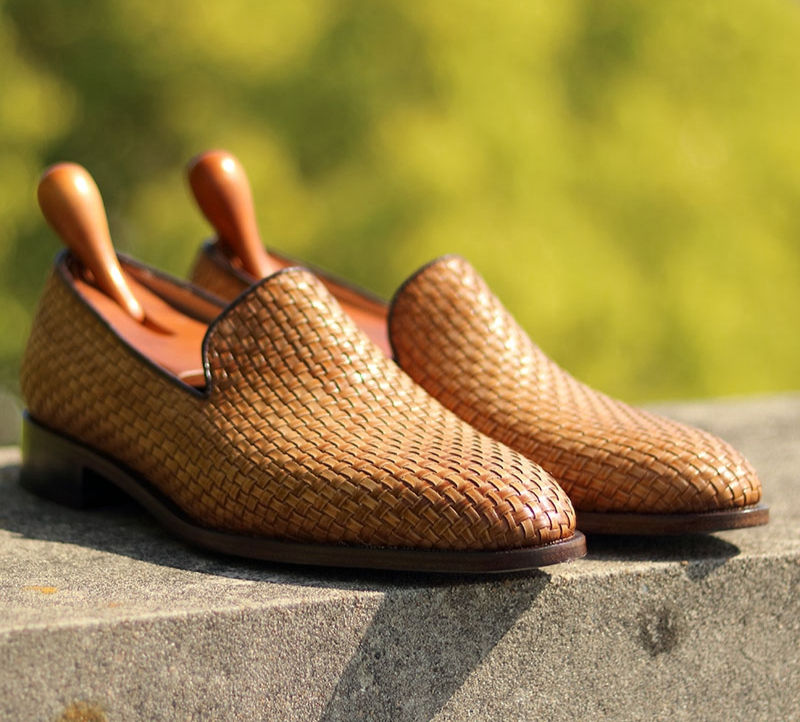 Thumbnail: Mens Handcrafted Woven Leather Loafers with Knitted Upper and Durable Sole Shoe
