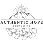 Authentic Hope Counseling logo. Mountains and hydrangea.