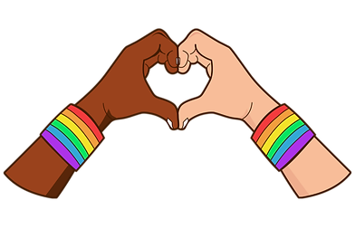 two humans, holding hands together to form a heart. one arm is brown, the other is white. they're wearing rainbow wrist bands