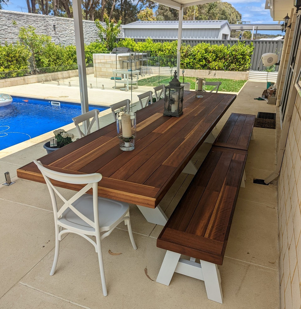 spotted gum outdoor table top, bench seats with white legs Perth