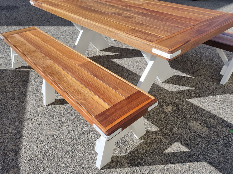 spotted gum table & bench seats white cross legs - outdoor furniture perth