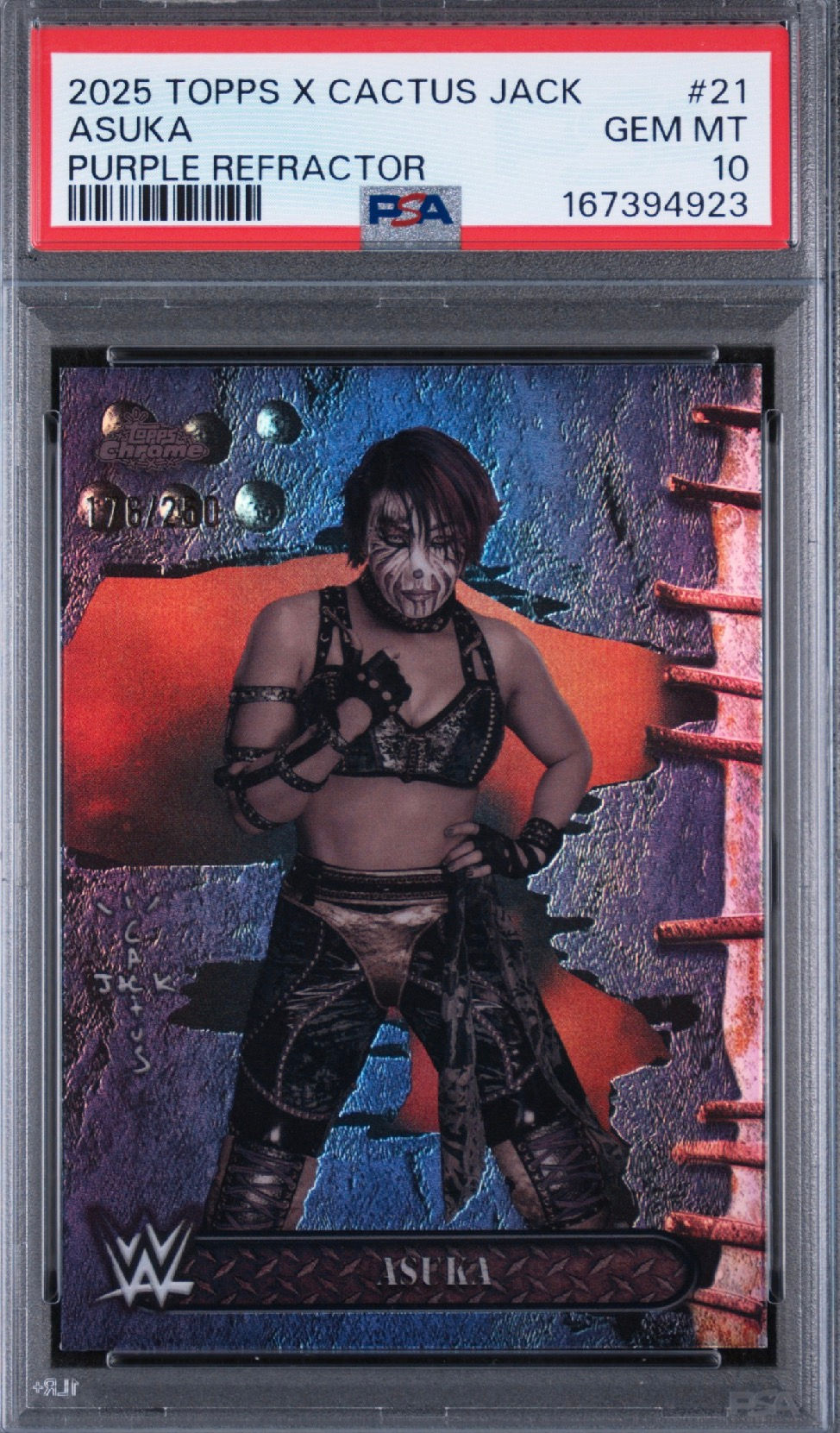 Asuka (2025) Topps Chrome WWE X Cactus Jack #21 S#176/250 Purple Refractor! Front View