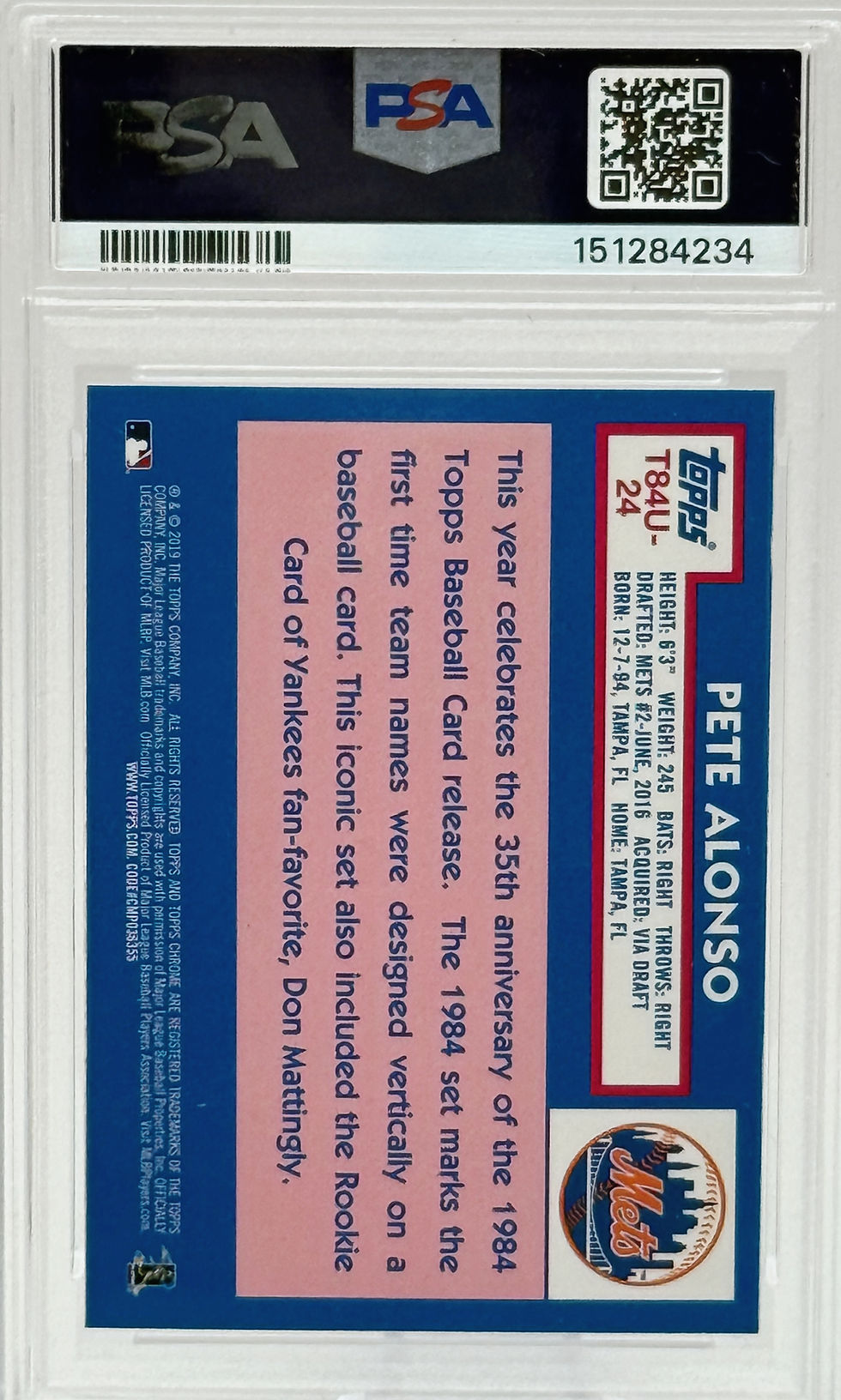Pete Alonso (2019)(RC) Topps Silver Pack #24 - 1984 Chrome Promo Refractor Back View