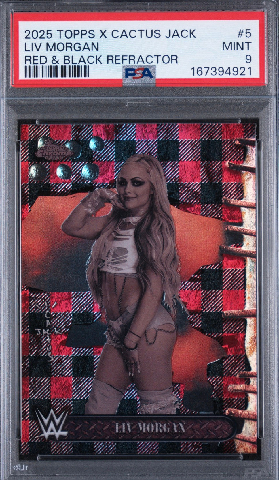 Liv Morgan (2025) Topps WWE X Cactus Jack #5 Red & Black Refractor! Front View