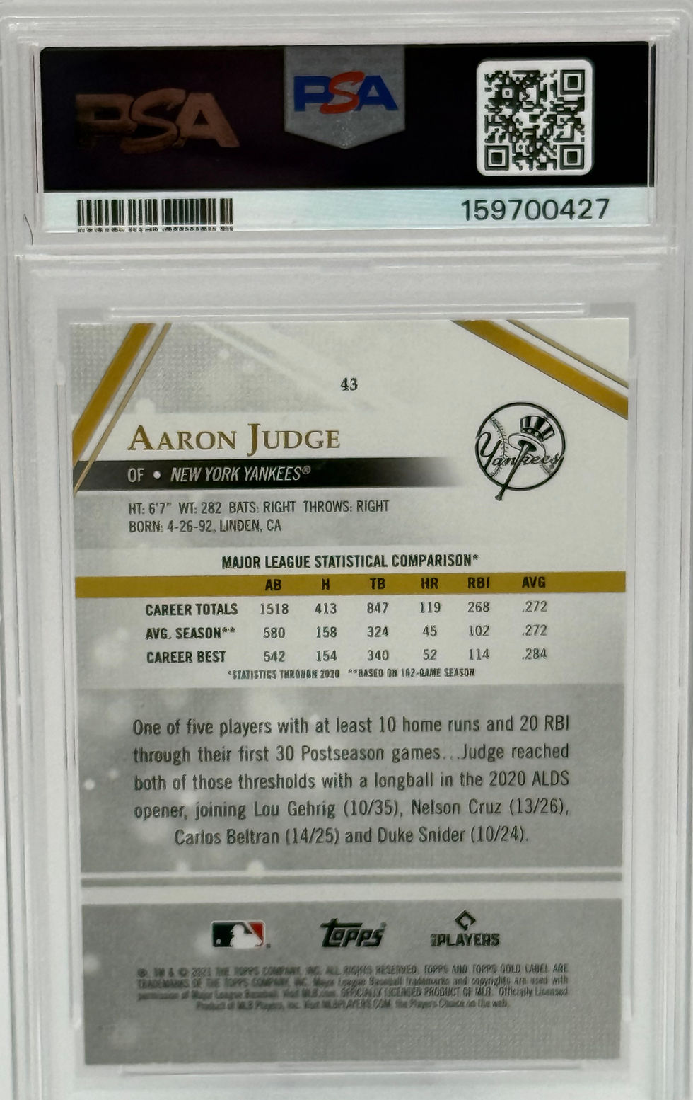 Aaron Judge (2021) Topps Gold Label #43 (Class 1 | Refractor) Back View