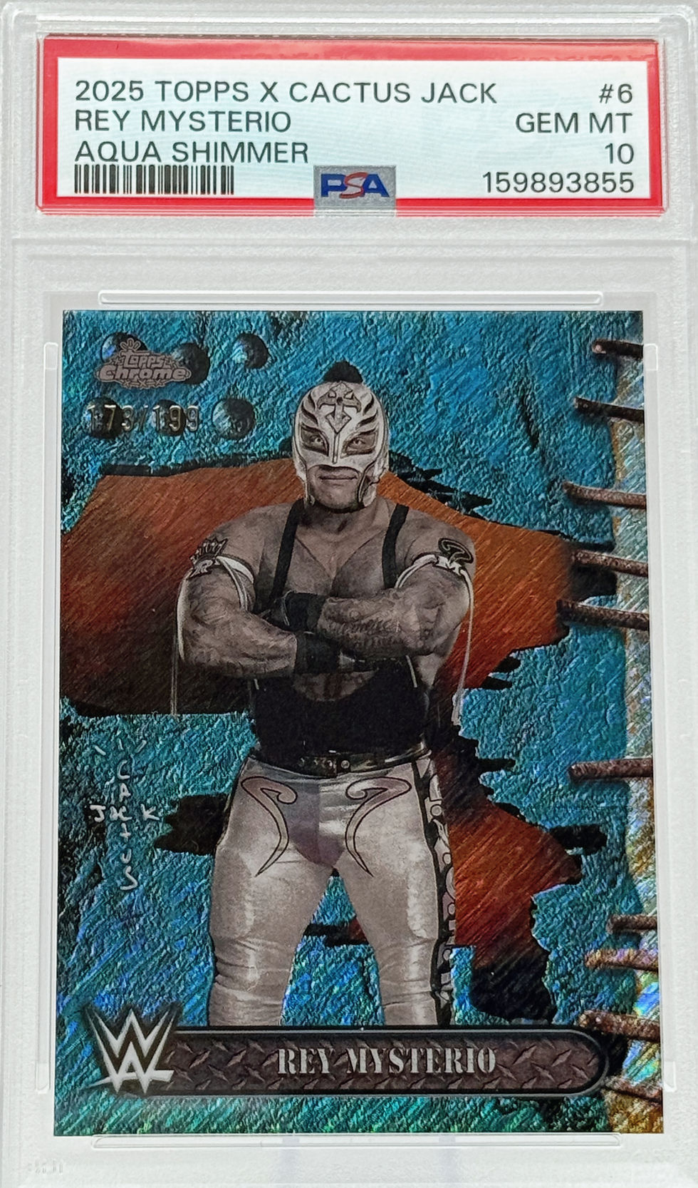 Rey Mysterio (2025) Topps WWE X Cactus Jack #6 S#173/199 Aqua Shimmer Refractor Front View