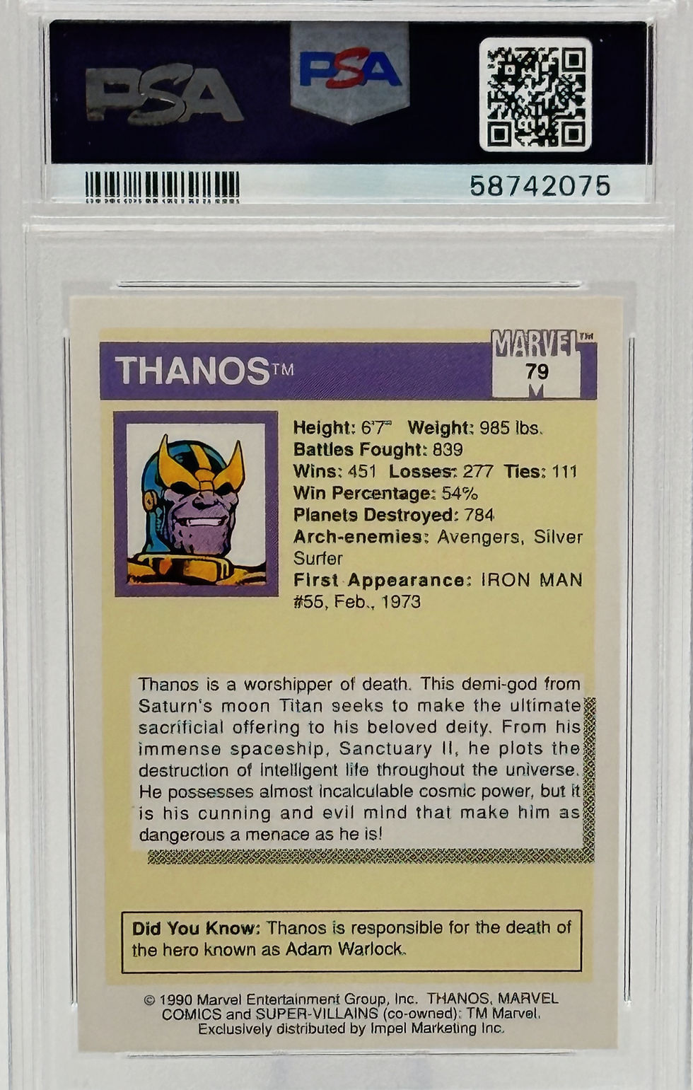 Thanos (1990) Marvel Universe #79 Marvel Comics Super-Villains Back View
