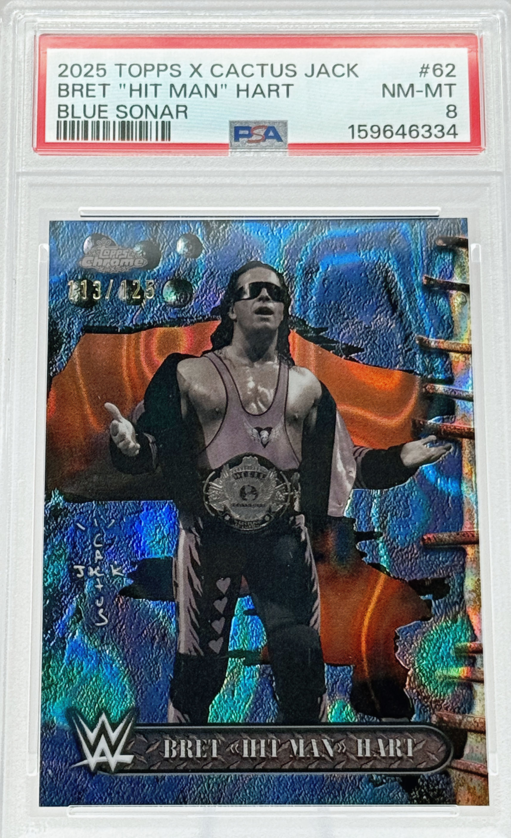 Bret "Hit Man" Hart (2025) Topps X Cactus Jack #62 S#113/125 Blue Sonar Refract Front View