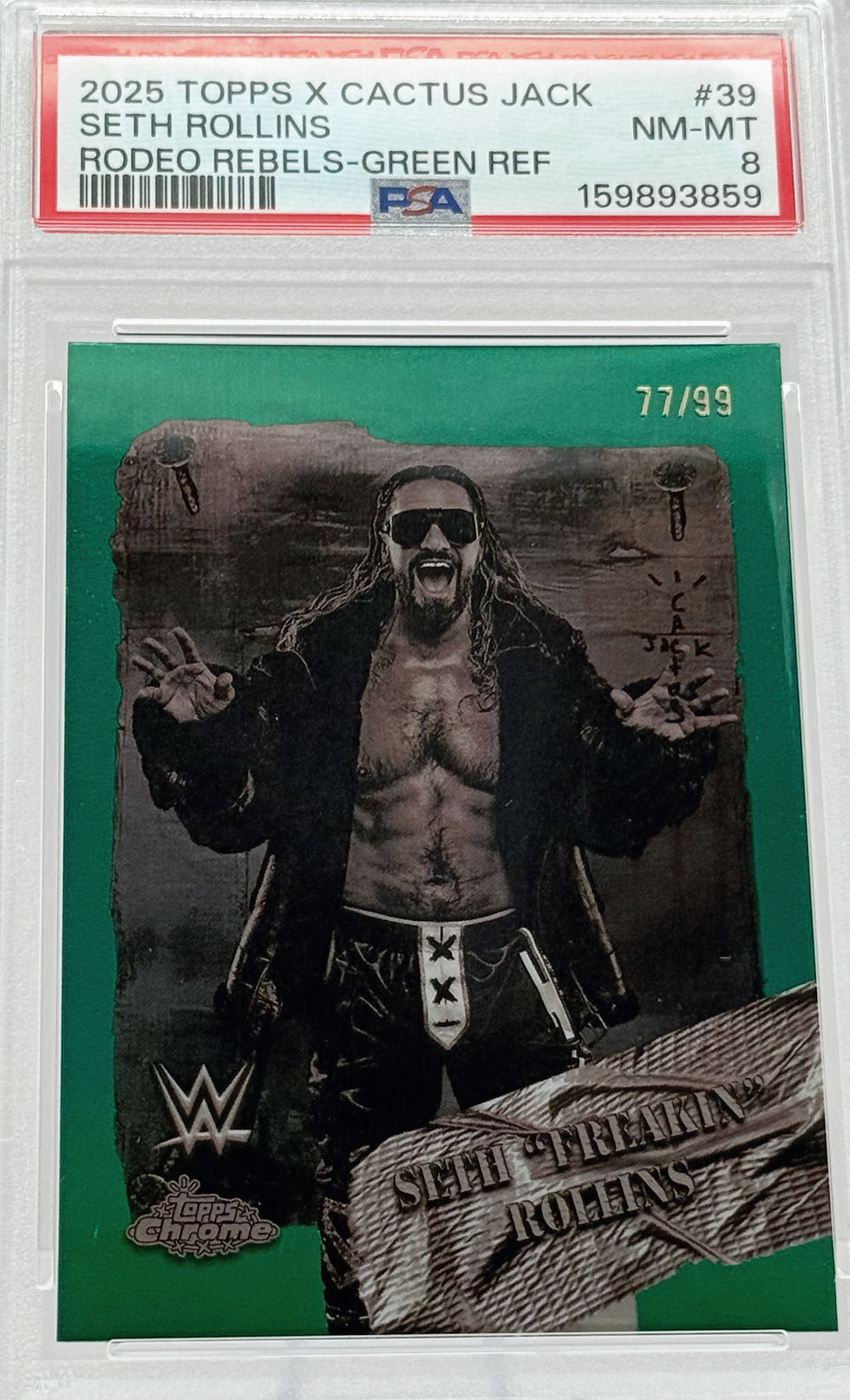 Seth Rollins (2025) Topps WWE X Cactus Jack #39 S#77/99 Rodeo Rebels Green Refractor Front View