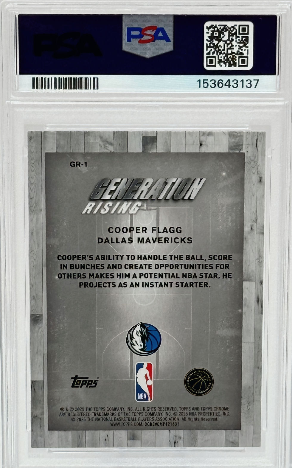 Cooper Flagg (2025)(RC) Topps #GR-1 Generation Rising Rookie Card Back View