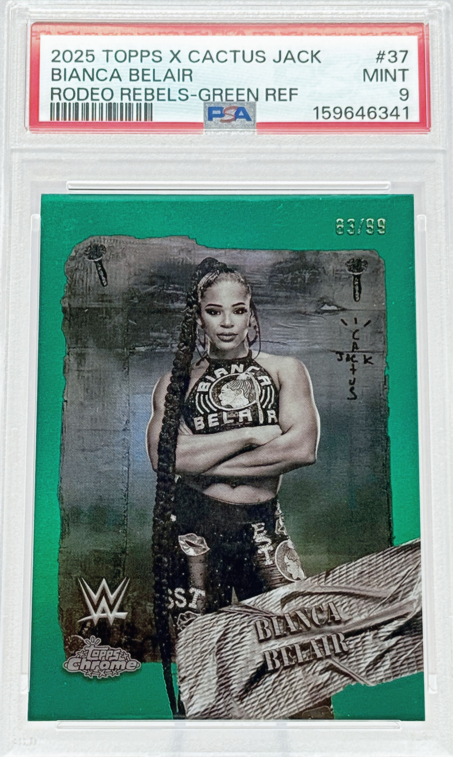 Bianca Belair (2025) Topps X Cactus Jack #37 S#63/99 Rodeo Rebels Green Refractor Front View