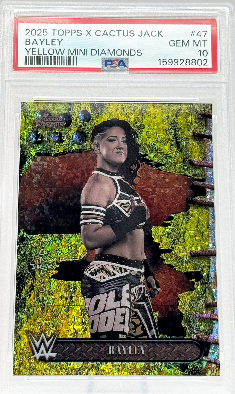 Bayley (2025) Topps X Cactus Jack #47 S#21/75 Yellow Mini Diamonds Refractor Front View