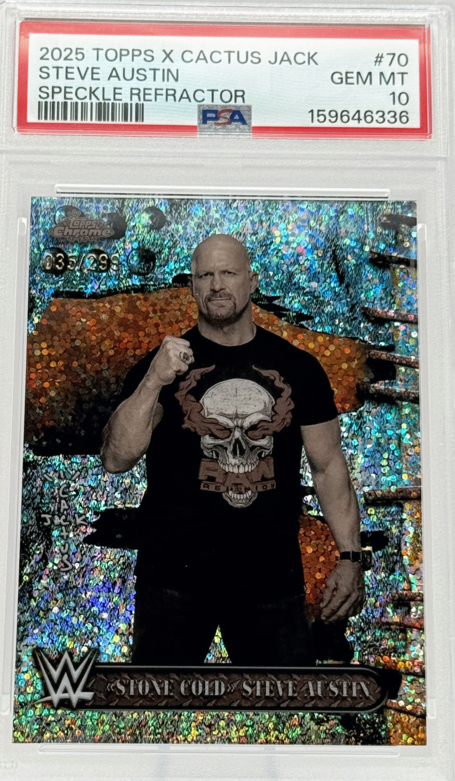 Steve Austin (2025) Topps X Cactus Jack #70 S#035/299 Speckle Refractor Front View