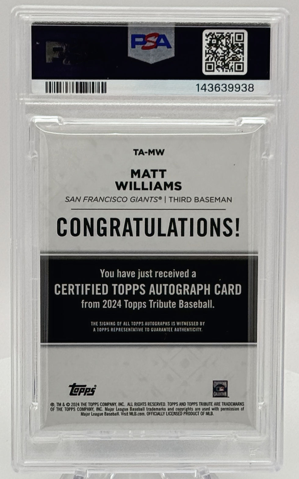 Matt Williams (2024) Topps Tribute #TA-MW Autograph Gold S# 73/75 - Back View