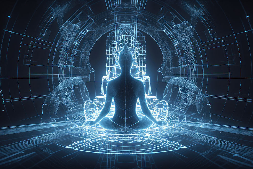 cyber, digital image of a human figure self reflecting