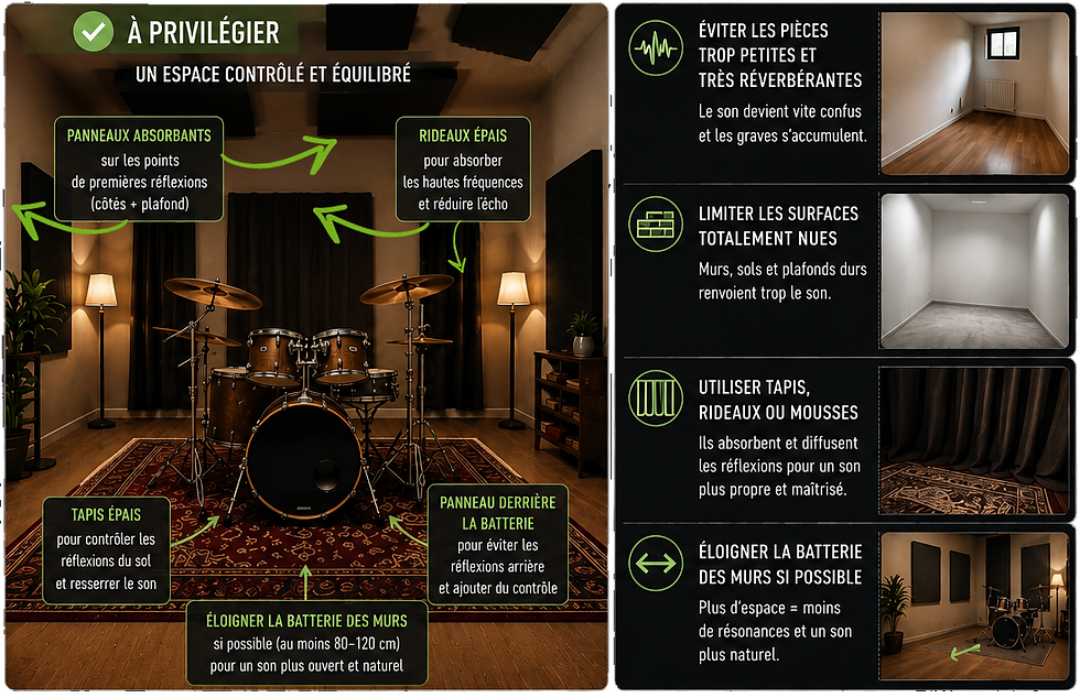 Infographie d’une batterie dans une salle traitée, avec panneaux, rideaux et tapis, conseillant de réduire réverbération et échos.