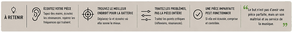Bannière beige avec icônes et conseils en français sur l’écoute d’une pièce: résonances, meilleur emplacement, points critiques.