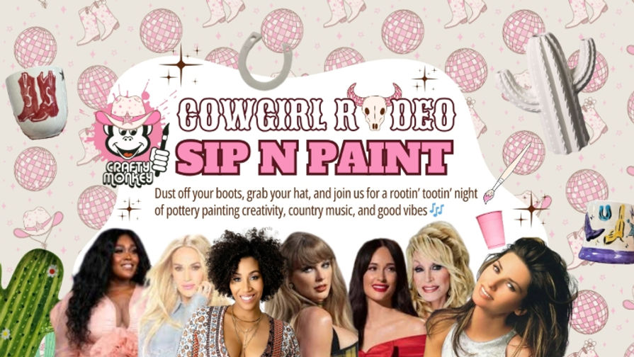 Advertising a Cowgirl Country & Western Themed Pottery Painting Sip and Paint Night at Crafty Monkey