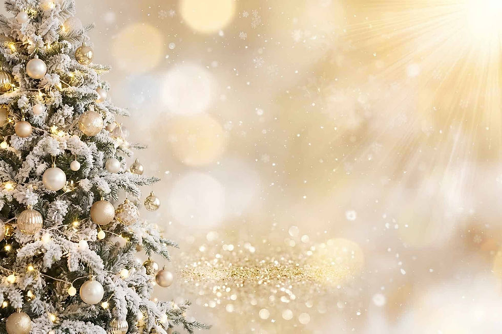 Christmas tree decorated with gold ornaments and gold glittery background