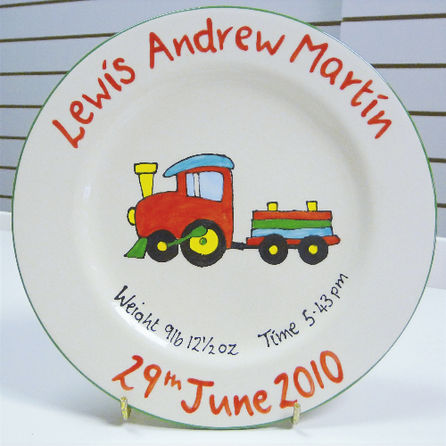 Bespoke hand painted new baby set - mug, plate and bowl with train. details plate with train.