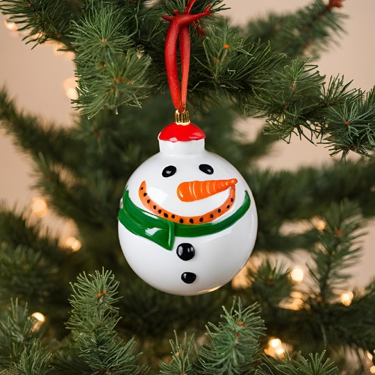 A bauble hanging on a tree with a snowman design painted on.