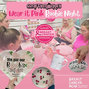 Special wear it pink pottery boobie event night at Crafty Monkey to raise awareness for breast cancer.