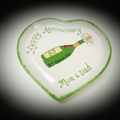 Champagne bottle painted on heart shaped plate for wedding anniversary gift