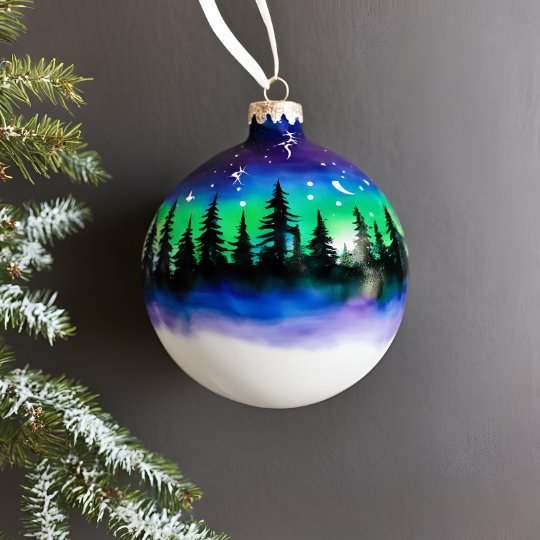 Bauble with an Aurora scene painted on it.