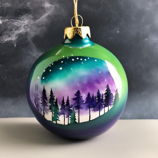 Bauble with an Aurora skyline and tree silhouettes painted on.