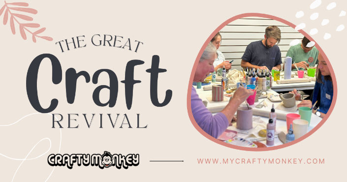 Blog cover with adult group hand building pottery at Crafty Monkey Pottery Studio in St Neots iwth the title 'The Great Craft Revival'