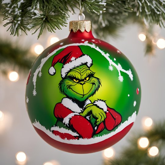 A Santa Grinch design on a Christmas bauble.