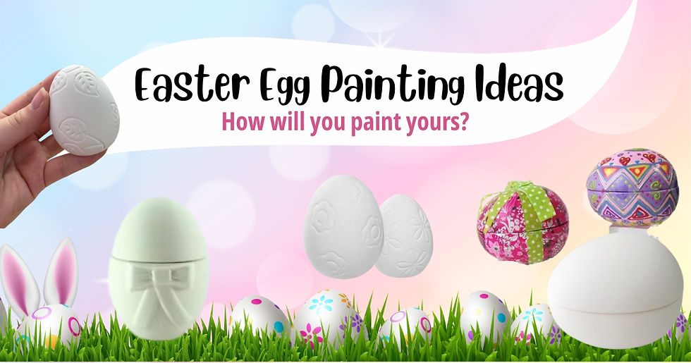 Assortment of ceramic eggs that can be painted at Crafty Monkey Pottery Painting Studio