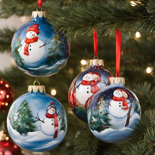 Lots of baubles hanging on a tree with snowmen designs on.