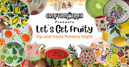 An array of fruit themed designs painted onto pottery.