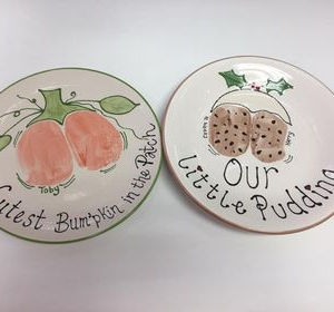 bumpkin plate and christmas pudding plate made from a babys bumprint