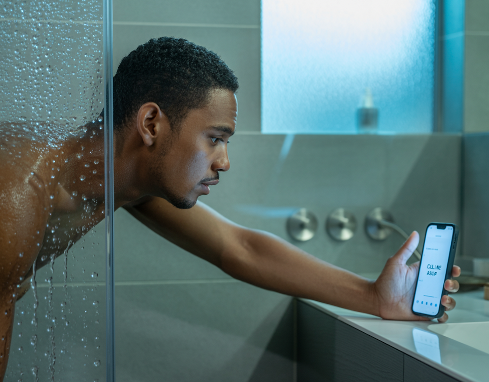 A man checking his phone while taking a shower