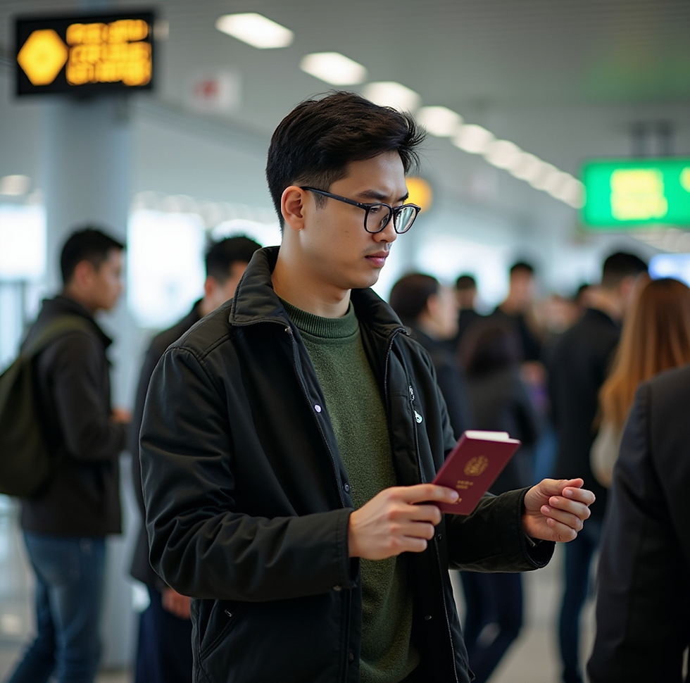 Man in an airport, carrying a passport