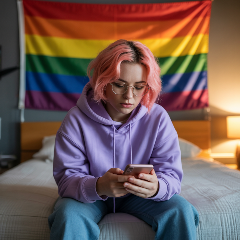 A young white woman with pink hair, sitting alone on a bed, looking at her phone. An LGBT rainbow flag is on the wall behind her. She is wearing a purple hoodie, and glasses.