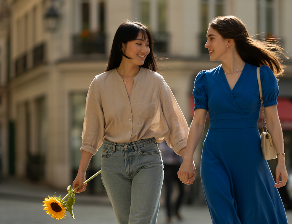 Two women walking in the street, holding hands