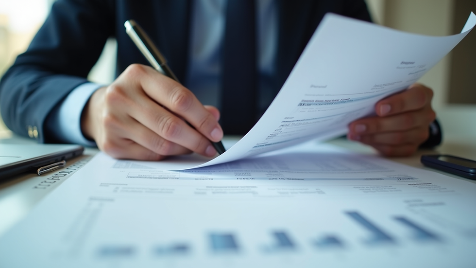 Eye-level view of a professional accountant reviewing financial documents