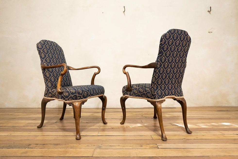 Thumbnail: A Pair Of Queen Anne Upholstered Open Armchairs - Shepherd crook Arms