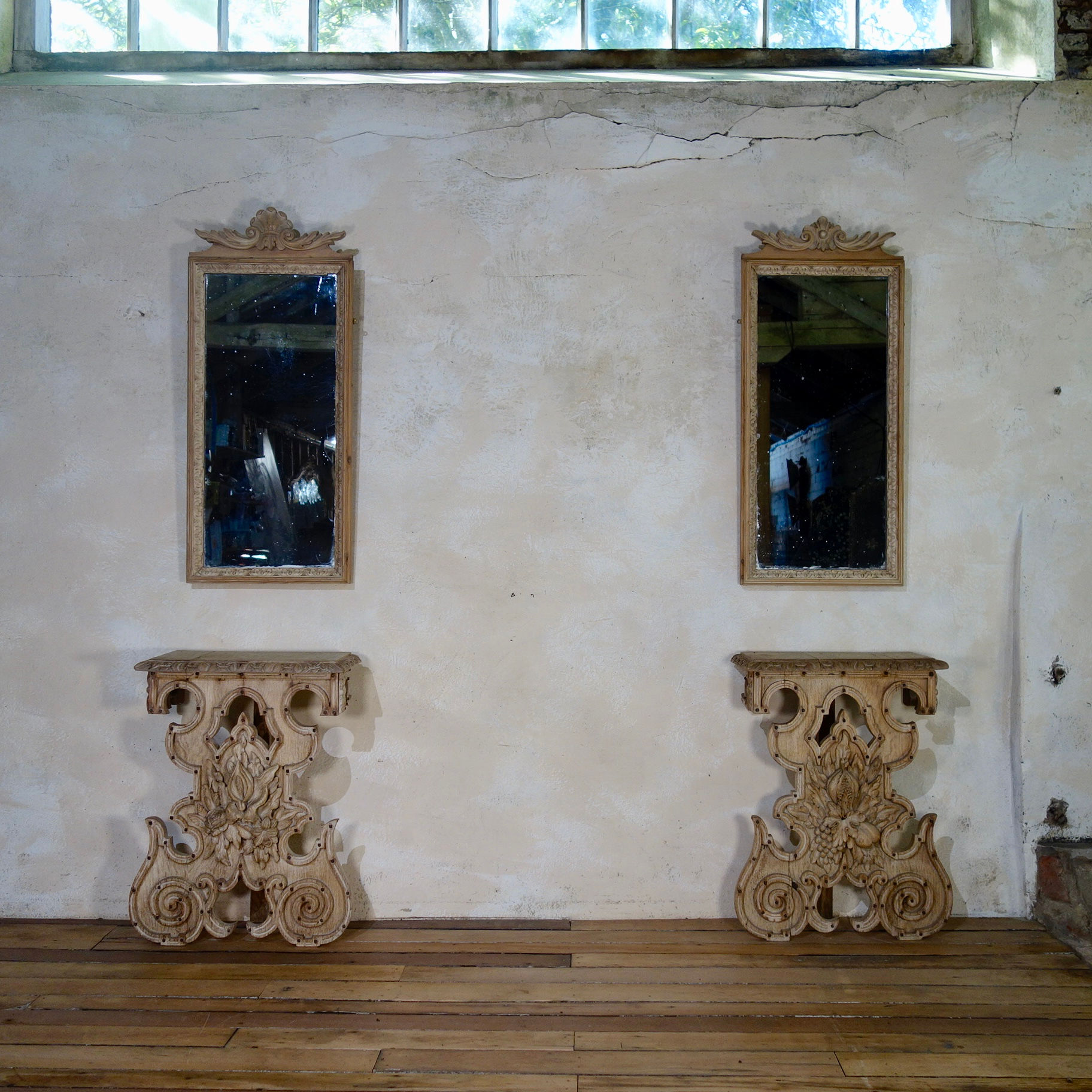 A Near Pair Of Continental Console Tables With Pier Mirrors