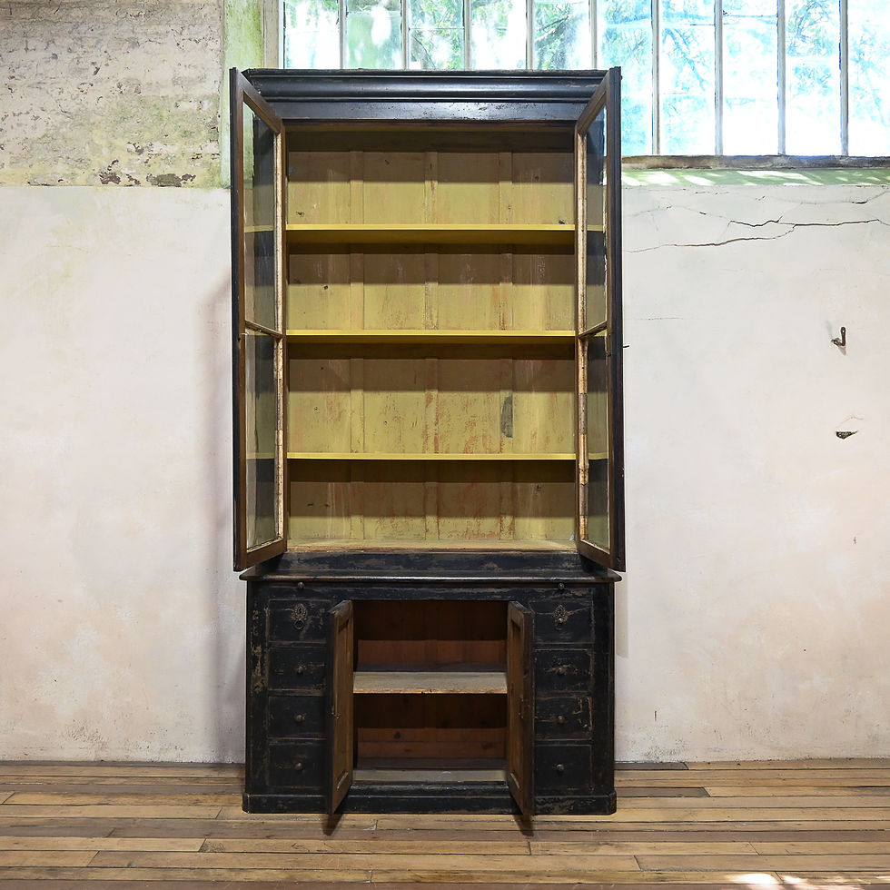 Thumbnail: A Tall 19th Century French Original Black Painted Bookcase - Glazed Cabinet
